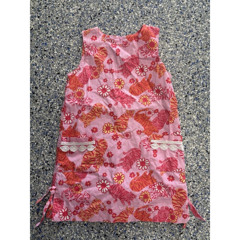 Lilly Pulitzer Girls' Shift Dress Vibrant Pink & Orange Cat Print Lace Size 6X